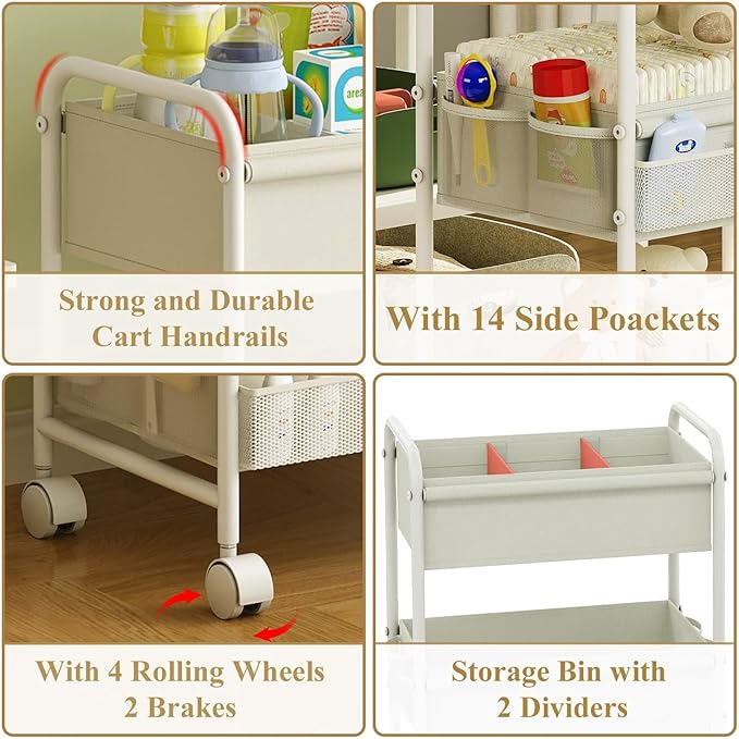 3-Tier Baby Diaper Caddy Cart Organizer,Mobile Nursery Storage Carts with Wheels,With 2 Dividers&14 Mesh Pockets Durable Meta