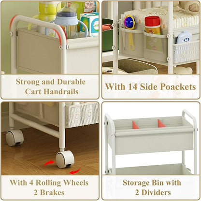 3-Tier Baby Diaper Caddy Cart Organizer,Mobile Nursery Storage Carts with Wheels,With 2 Dividers&14 Mesh Pockets Durable Meta