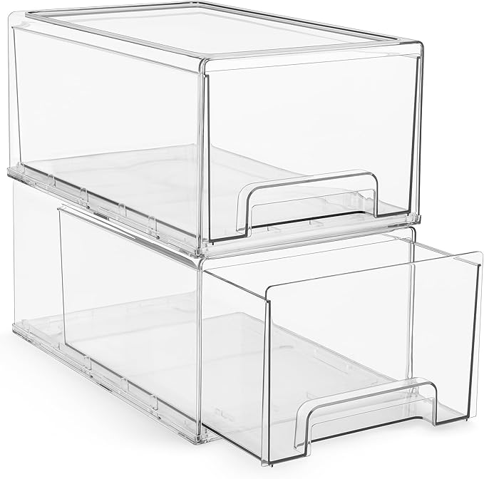 Sorbus Large Clear Stackable Storage Drawers – 2-Pack Plastic Organizer Bins with Handles – Stackable Pull-Out Storage Drawer