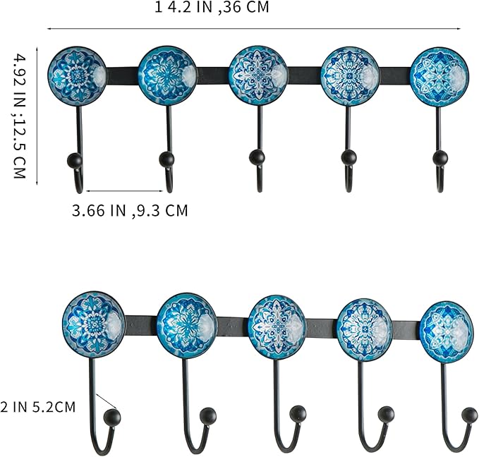 Boho Coat Rack Wall Mounted with 5 Hooks, Glacier Theme Mandala Pattern Decorative Wall Hooks for Hanging Hat, Key, Towel, Pu