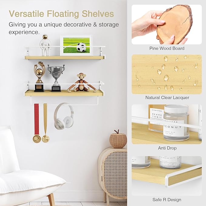 Forbena Floating Shelves for Wall with Rail, White and Natural Wood Nursery Book Shelves for Baby Girls Boys Kids Room Bedroo