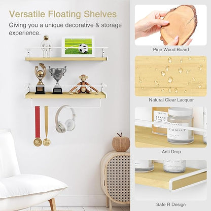 Forbena Floating Shelves for Wall with Rail, White and Natural Wood Nursery Book Shelves for Baby Girls Boys Kids Room Bedroo