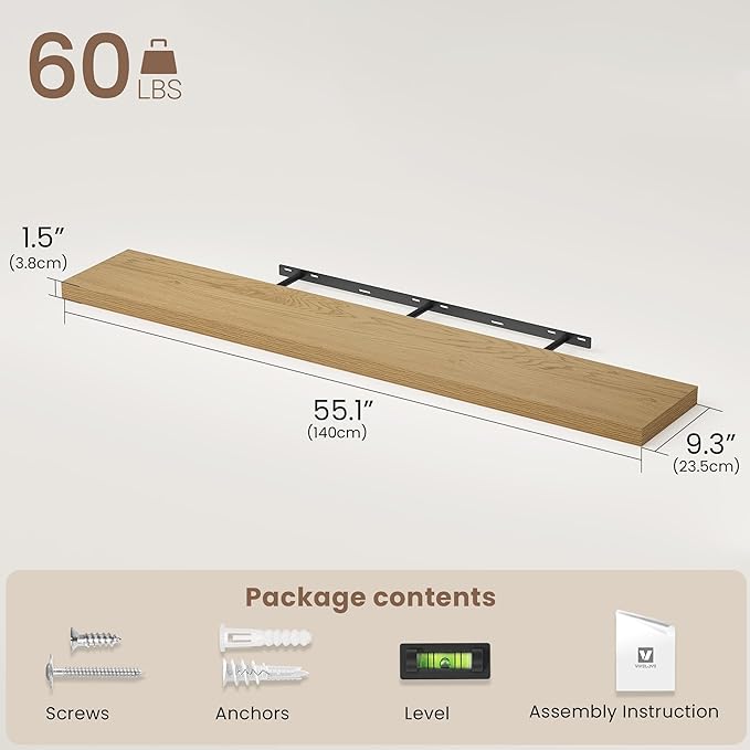 Vivelove 55 Inch Floating Shelves for Wall, 55x9 Display Shelves for Bathroom Living Room Kitchen Bedroom Office Farmhouse Ho