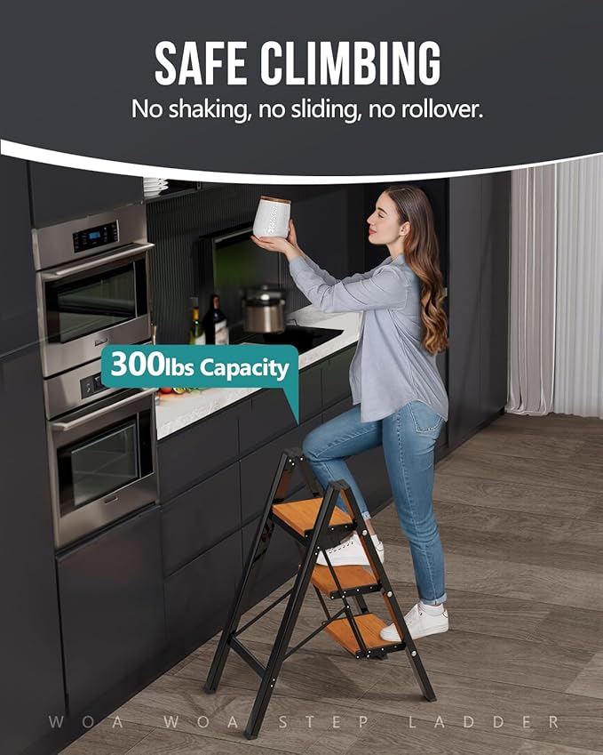 WOA WOA Step Ladder with Widened Pedals, Folding Step Stool with Anti-Slip Feet, Portable Home Ladder for Adults, Kitchen Sma