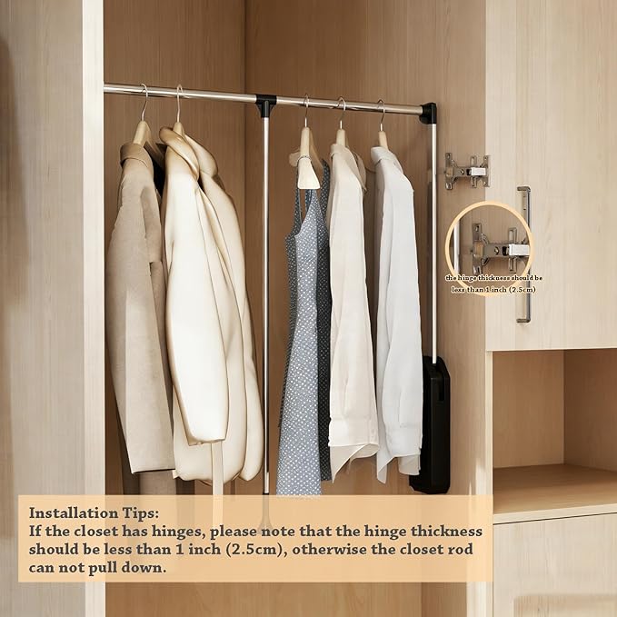 tonchean Pull Down Closet Rod, Stainless Steel 35-48 Inch Adjustable Closet Rod for Hanging Clothes Side & Back Mounted, Heav