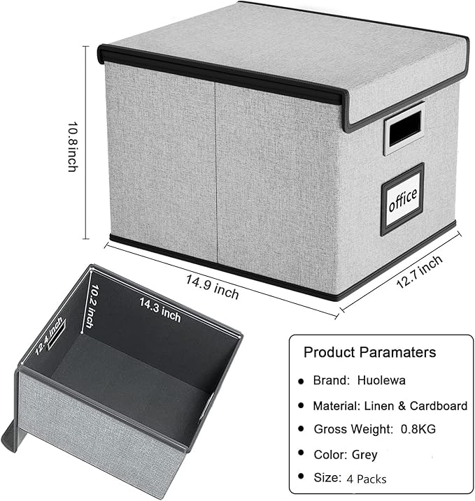Huolewa Portable File Organizer Boxes Set of 4, Large Linen Hanging Office Document Storage Boxes with Lids, Collapsible Fili