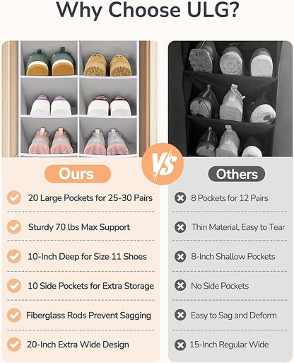 ULG Over The Door Shoe Organizer for Closet Fit 24-32 Pairs with Large Deep Pockets, Narrow Shoe Rack for Door Hanging Boots 