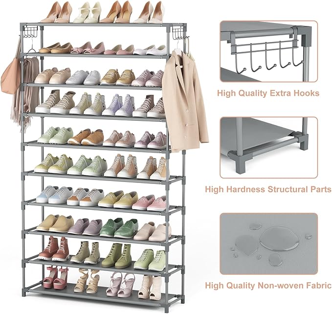 LANTEFUL 10 Tiers Shoe Rack 50 Pairs Large Capacity Tall Shoe Organizer Sturdy Shoe Storage with Two Hooks Space Saving Metal