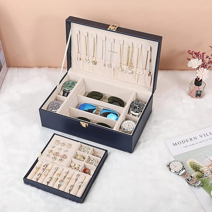 LANDICI Jewelry Box Organizer for Men Women, 2 Layer 4 Slot Watch Storage Case with Removable Tray, PU Leather Large Jeweller