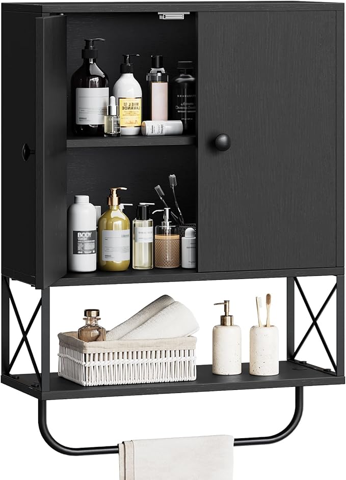 MAHANCRIS Bathroom Wall Cabinet with 2 Door and Adjustable Shelf, Farmhouse Medicine Cabinet with Towel Rack, 3-Tier Wall Mou