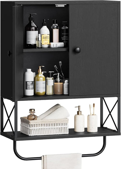 MAHANCRIS Bathroom Wall Cabinet with 2 Door and Adjustable Shelf, Farmhouse Medicine Cabinet with Towel Rack, 3-Tier Wall Mou