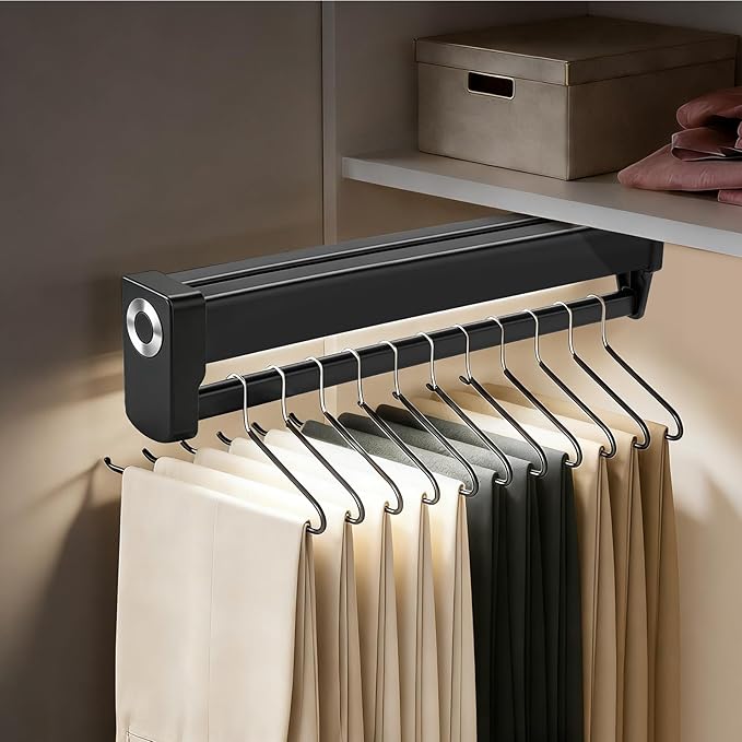 Pull Out Closet Valet Rods with LED Lighting, Adjustable Heavy Duty Steel Clothes Storage Hanger Rail, Sliding Top Mounted Wa