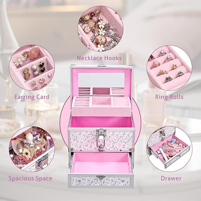 Hododou Girls Jewelry Box Organizer with Drawer & Mirror, Shiny Pink Style Lockable Storage Case for Kid or Little Girls Jewe