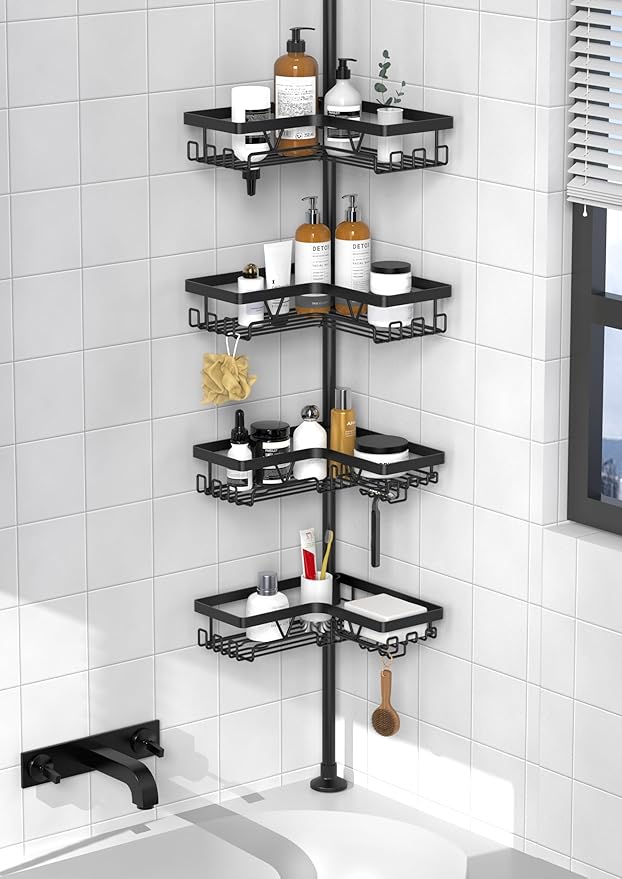 KEGII Corner Shower Caddy Tension Pole - Shower Tension Rod Organizer, Floor to Ceiling Shower Caddy 25-114.2 inch, Towel Rac