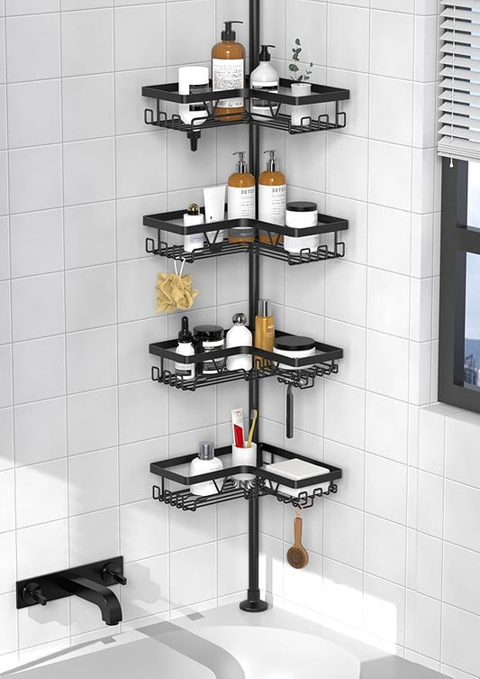 KEGII Corner Shower Caddy Tension Pole - Shower Tension Rod Organizer, Floor to Ceiling Shower Caddy 25-114.2 inch, Towel Rac