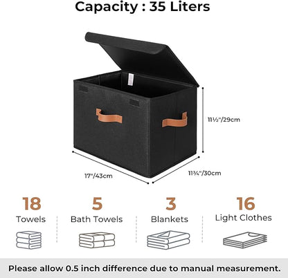 GRANNY SAYS Black Storage Bins with Lids, Decorative Storage Boxes with PU Handles, Linen Closet Organizer, Storage Baskets f