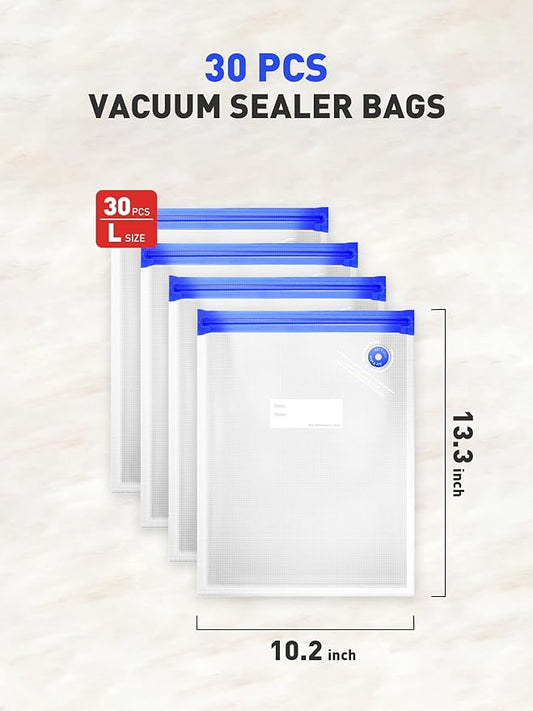 30 Pcs Reusable Vacuum Sealer Bags for Food, L-Size (10 x 13in) BPA-Free Vacuum Storage Bags with Sealing Clips & Leak-Proof 