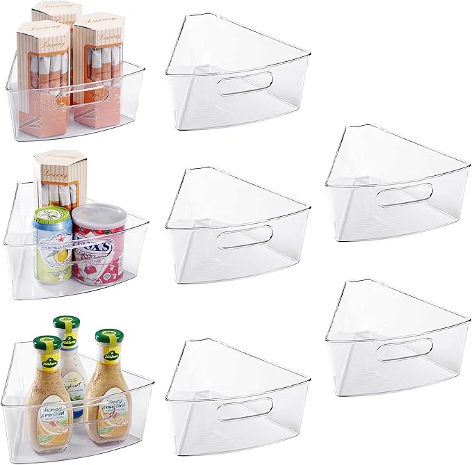 Oubonun Lazy Susan Organizers Set of 8, 12.8’’ x 11.7’’ x 4’’ Plastic Transparent Kitchen Cabinet Storage Bins with Handle, 4