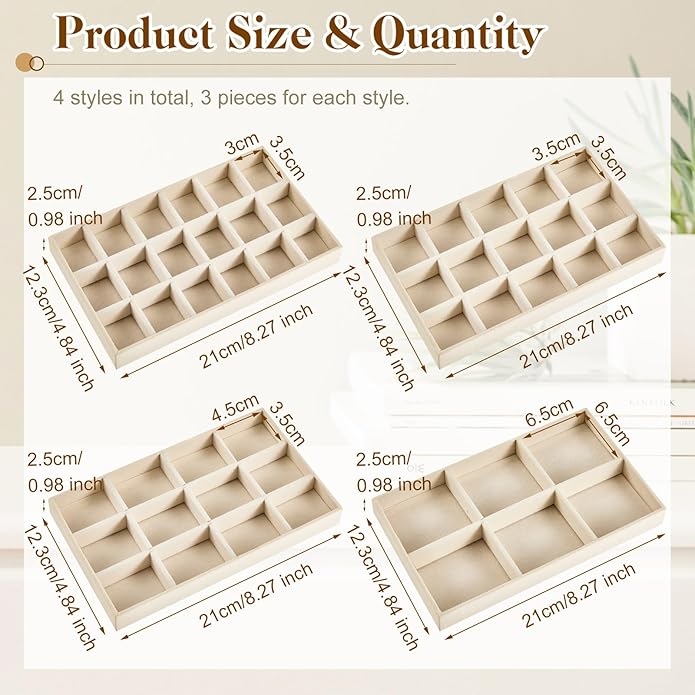 Junkin 12 Pcs Jewelry Tray Velvet Stackable Jewelry Organizer Trays Divided Earring Accessories Storage Containers Box (Rose 