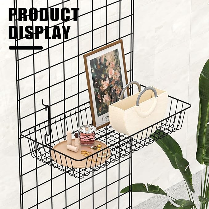 23.6" L x 11.8" D x 3.9" H - 6 pcs Black Wire Baskets for GridWall and SlatWall - Merchandiser Baskets,Grid wall Shelves Hang