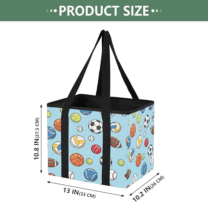 Sports Balls Pattern Reusable Grocery Bags Large Shopping Tote Bag with Reinforced Bottom Board, Water Resistant Foldable Sto