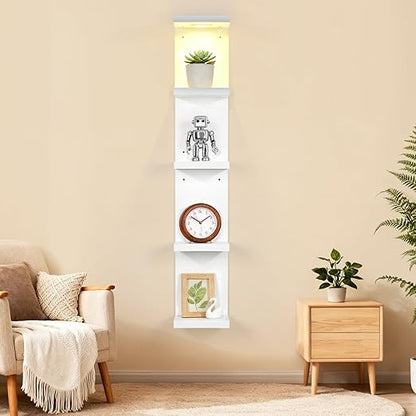 LinTimes 5-Tier LED Wall Shelf with Remote Control, White Floating Shelves Unit, Wall Mounted Display Storage