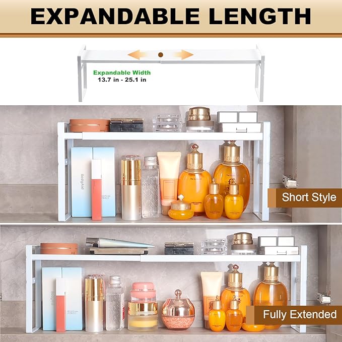 Small Expandable Medicine Cabinet Shelf, 3.58” Wide Metal Storage Stand with Adjustable Layers & Non-Slip Pads for Kitchen, P