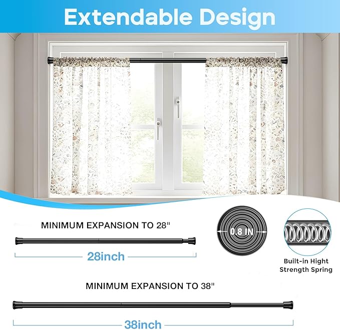 Tension Curtain Rod 28-38 inch Small Tension Rods Black Adjustable Spring Tension Curtain Rods 2PCS Mini Curtain Rod Short fo