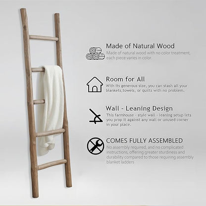 Wooden Blanket Ladder Natural & Motley Wood - Leaning Wall Decor for Bedroom, Bathroom, Living Room - Rustic Quilt Holder & T