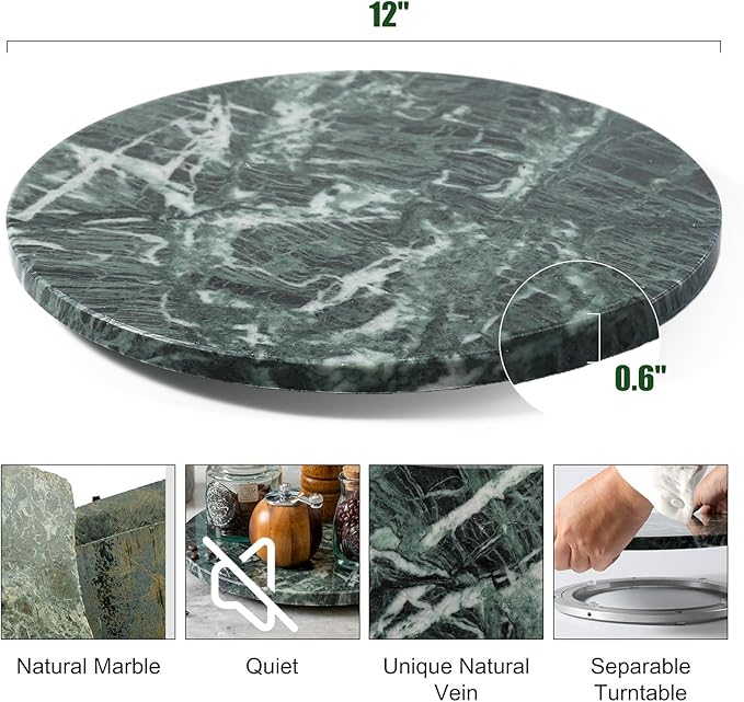 12" Marble Lazy Susan Turntable - 100% Natural Stone Round Serving Tray with Silent Spinning, Revolving Cake Stand & Cheese B
