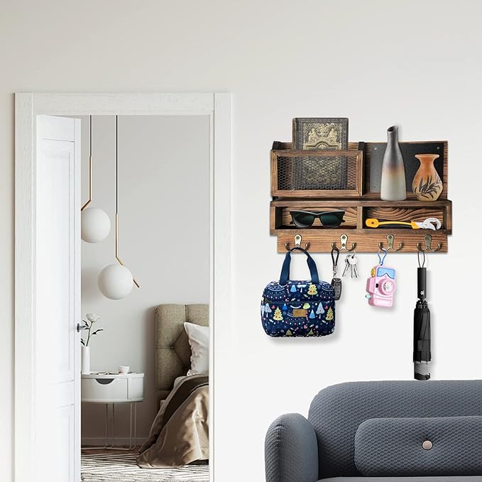 Key Holder for Wall, Mail Organizer Wall Mount with Key Hooks and Wallet Holder, Sunglasses Storage and Dog Leash Hanger, Dec