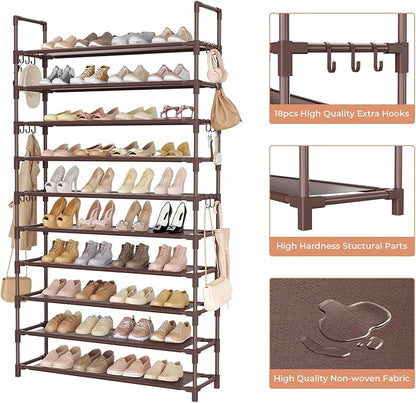 LANTEFUL Tall Shoe Rack 10 Tier Shoe Organizer Large Shoe Shelf with 18 Hooks Storage for 50 Pair Sneaker and Boot, Stackable