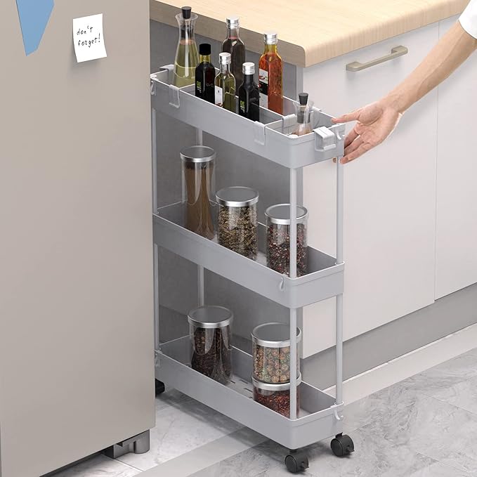 SPACELEAD Slim Storage Cart 3 Tier,Bathroom Organizer Rolling Utility,Mobile Shelving Unit Slide Out for Office, Kitchen, Lau