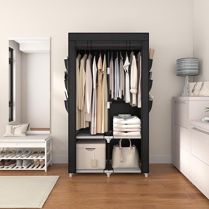 VTRIN Portable Closet Wardrobe Closet for Hanging Clothes with 4 Storage Shelves, 2 Hanging Rods and 6 Pockets, Stable and Ea