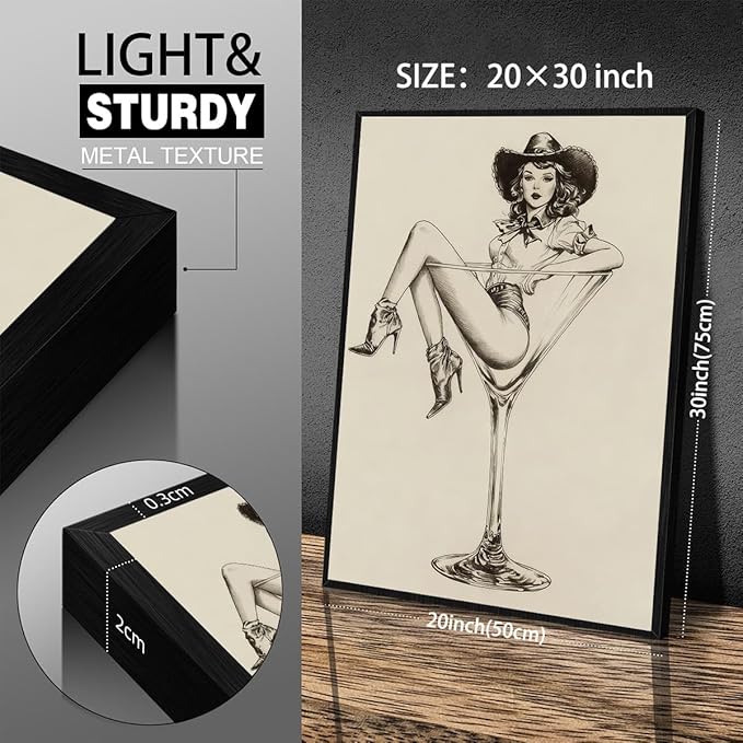 Vintage Western Black Framed Wall Art Coquette Cowgirl Martini Posters Prints 20x30 in Retro Bar Cart Cocktail Artwork Aesthe