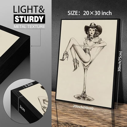 Vintage Western Black Framed Wall Art Coquette Cowgirl Martini Posters Prints 20x30 in Retro Bar Cart Cocktail Artwork Aesthe