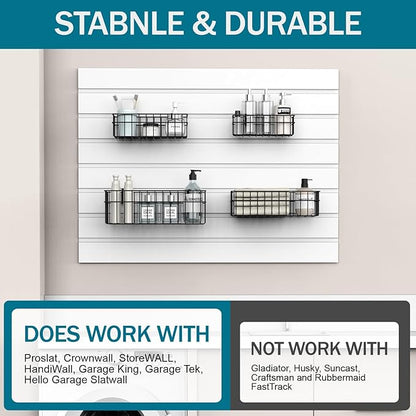 4 Pack Large Size Slatwall Baskets Set, Ventilated Metal Hanging Storage Slat Wall Basket, Mounted Slatwall Accessories for G