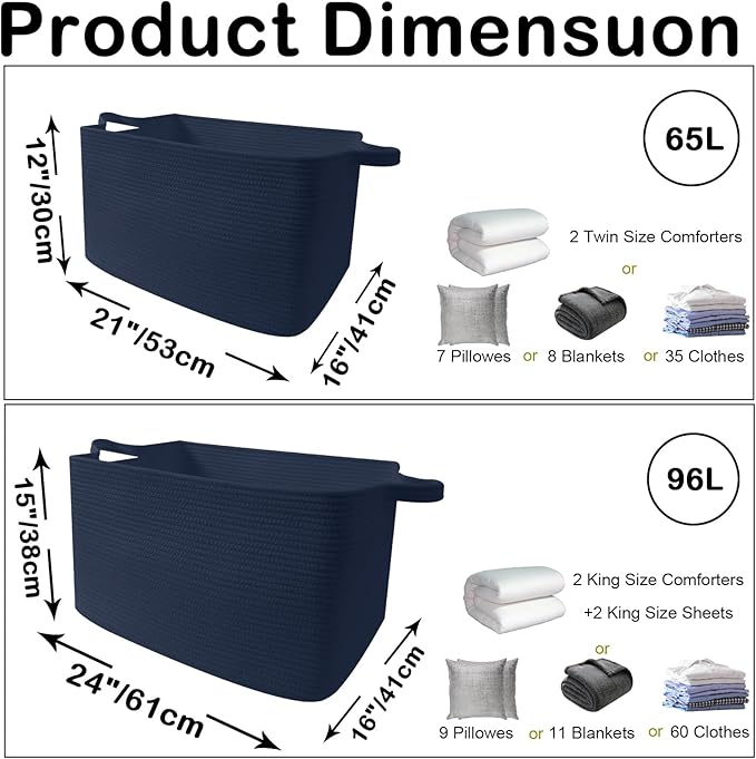 65L Large Blanket Basket,21"x16"x12" Rectangle Storage Bin with Handles,Woven Rope Laundry Basket for Toys, Clothes,Pillows,M