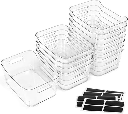 12 PACK Multi-Use Clear Plastic Storage Bins for Organizing w/ Labels - Home, Kitchen, Bathroom, Office, Pantry Cabinet Shelf