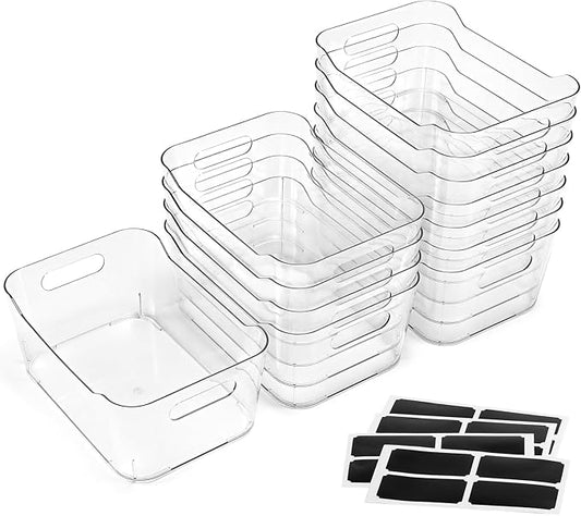 12 PACK Multi-Use Clear Plastic Storage Bins for Organizing w/ Labels - Home, Kitchen, Bathroom, Office, Pantry Cabinet Shelf