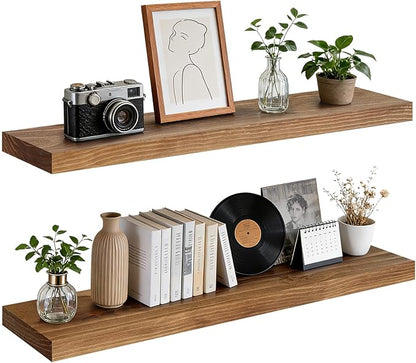 Floating Wall Shelf 36x6.8x1.7 Inch – Solid Wood Shelf in Dark Oak Finish – Heavy Duty Wall Mounted Rustic Display Shelf for 