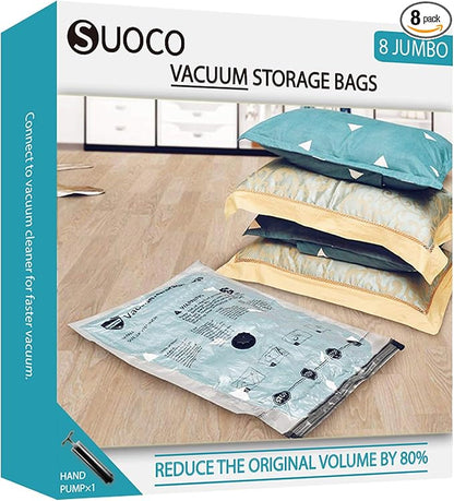 Vacuum Storage Bags, Compression Packing Space Saver Seal Bags for Clothing Bedding Comforters Blankets Pillows, 8 Jumbo