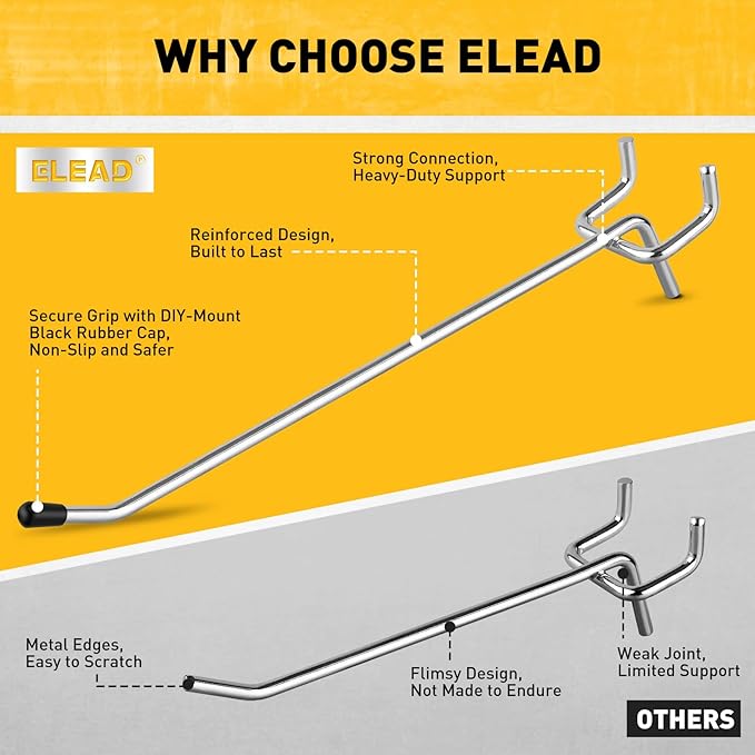 ELEAD 66-Piece 2/4/6 Inch Pegboard Hooks, Heavy Duty Peg Board Organizer Accessories, Peg Board Tool Hangers Fit for 1/4" and