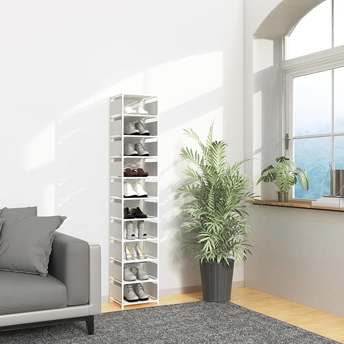 10 Tier Vertical Shoe Rack - White Narrow Shoe Rack for Closet & Entryway, Space Saving Tall Shoe Organizer for Small Spaces,