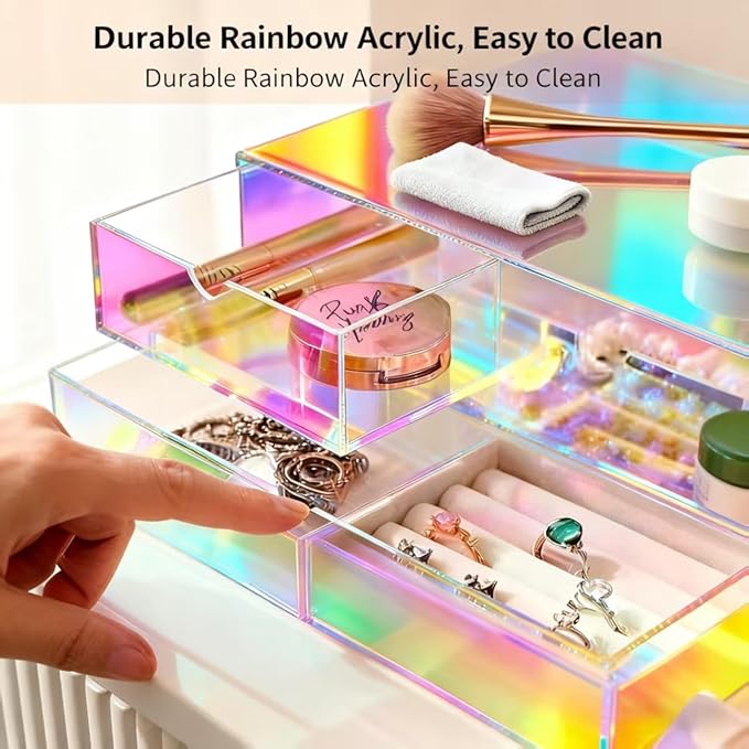 AZY Rainbow Acrylic Earring Organizer 2-Tier 3-Drawer with 6 Compartments, Multi-Purpose Vanity Countertop Organizer, Velvet 