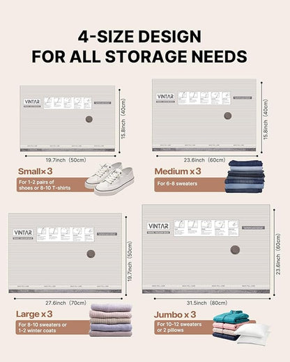 Vacuum Seal Bags for Clothing Travel, VINTAR 12 Pack Vacuum Storage Bags with Rechargeable Wireless Pump, Space Saver Bags(3 