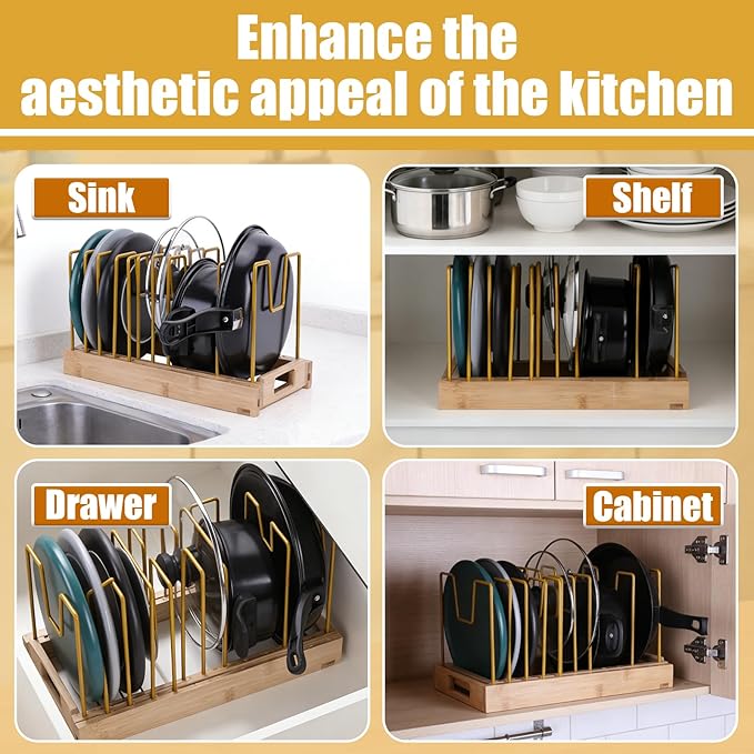 Bamboo Pot Lid Organizer Pot Lid Holder, Pot and Pan Organizer Drawer Organizer for Pot Lids, Pans, Cutting Boards & Baking Sheets, Dinner Plates, Reusable Containers in Cabinet Storage