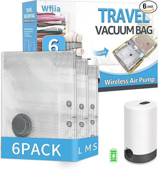 6 Packs Vacuum Bags for Travel with Rechargeable Pump, 3 Sizes Vacuum Seal Bags for Clothing, Compression Vacuum Travel Bags 