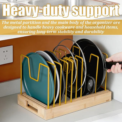 Bamboo Pot Lid Organizer Pot Lid Holder, Pot and Pan Organizer Drawer Organizer for Pot Lids, Pans, Cutting Boards & Baking Sheets, Dinner Plates, Reusable Containers in Cabinet Storage