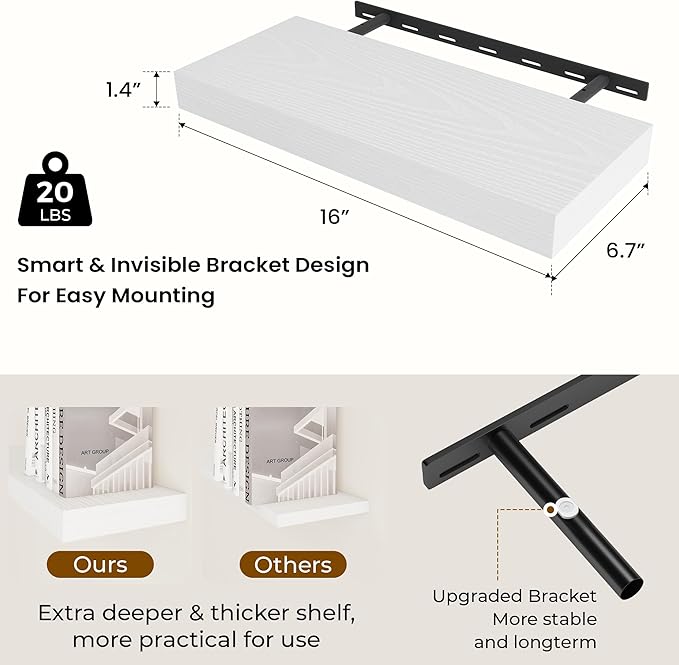 Dreamland 16 Inch Long Floating Shelves in White,6.7 Inch Deep Floating Shelf for Wall,Large Display & Storage Shelf, Wall Sh